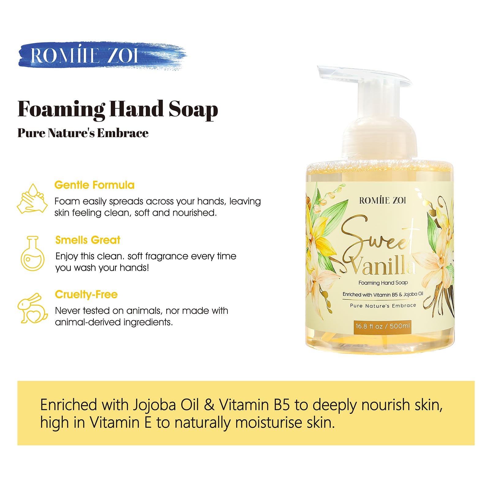 ROMIIE ZOI Foaming Hand Soap with Gift Box- Sweet Vanilla - Biodegradable Formula Moisture & Revitalize - 500ml/ 16.8oz