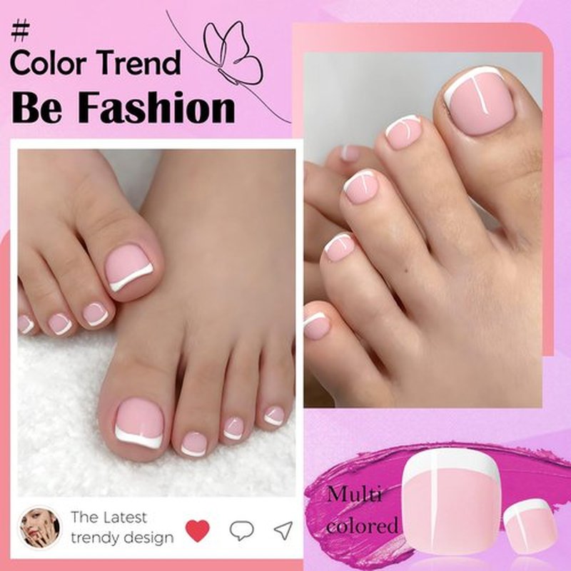 LoveOurHome 168pc French Tips Press on Toenails Women Fake Toe Nail with Glue Tab, Light Pink Acrylic Toe Nails Press ons Pedicure French Glue on Toenail Press-ons Nail Toes Tips False Nails for Feet