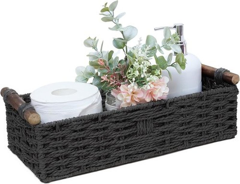 Skiennix Round Paper Rope Storage Basket - Decorative Wicker Bins with Handle for Organizing | Black