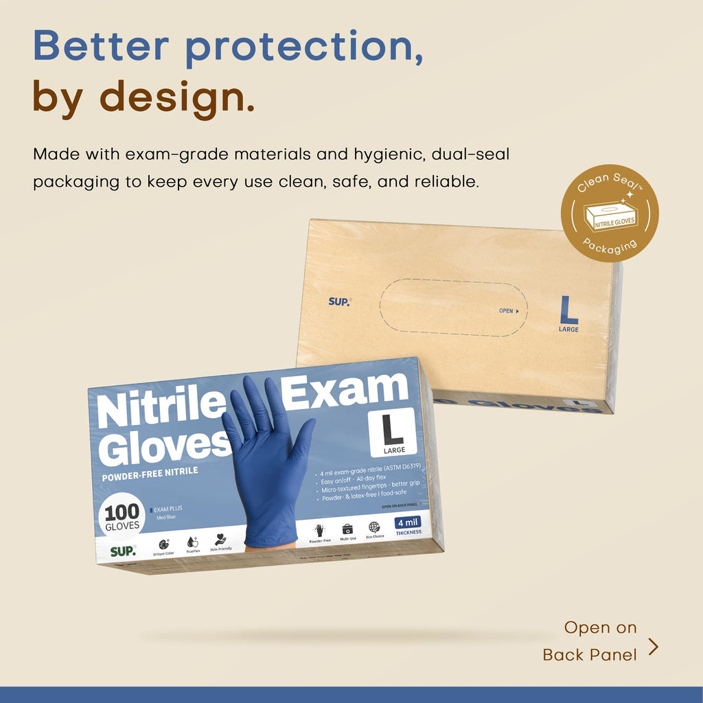 SUP Powder-Free Nitrile Exam Gloves, 100 Count, Food Safe Latex-Free Medical Non-Sterile Cooking Disposable Glove, Blue (Large)