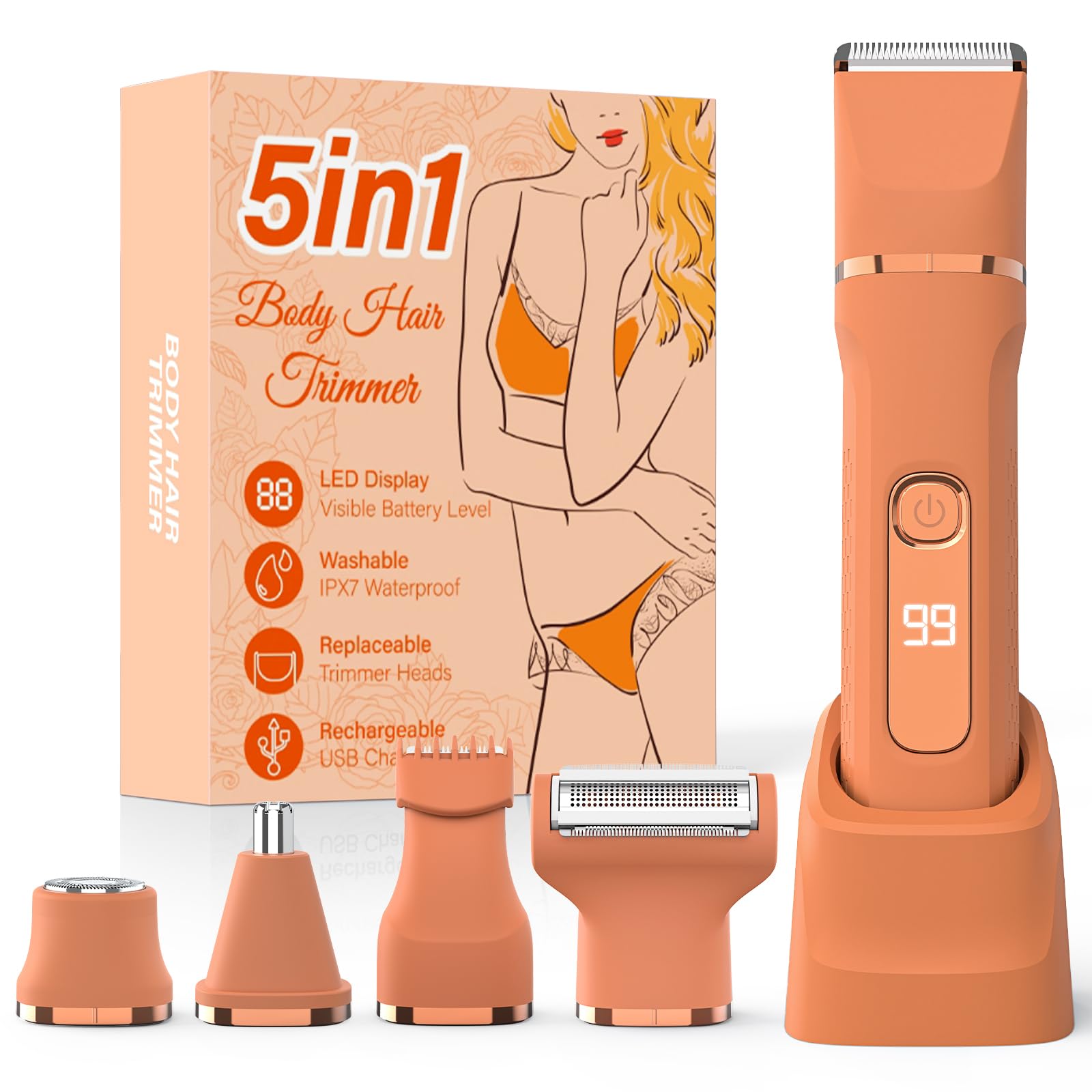 Bikini Trimmer for Women,5-in-1 Electric Razors for Women,Electric Shaver for Women's,IPX7 Waterproof Trimmer for Men Legs,with 5 Replaceable Blade Heads,USB Recharge Dock（Orange）