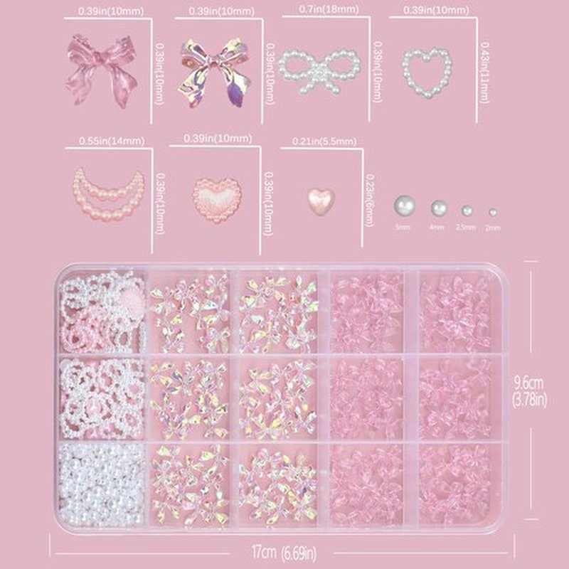SEMATA Pink Bow Nail Charms and Gems Flatback Pearls Charms for Nails Design Heart Nail Jewels DIY Nails Art Decoration Moon Star Bedazzling Kit for Crafting Bows Decora for Women and Girls