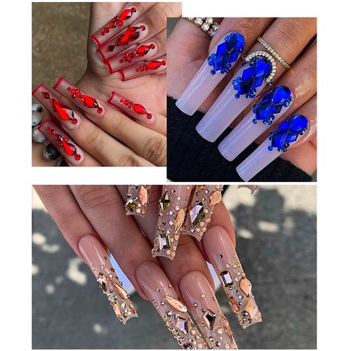 JERCLITY 1620pcs Flat Back Red Nail Rhinestones Blue Nail Rhinestones Round Beads Crystals Glass Gems Stones Multi Shapes Sizes with Picking Pen for Crafts Nail Face Art Clothes Shoes Bags DIY