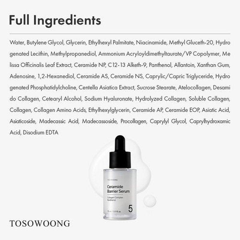 TOSOWOONG Ceramide Barrier Serum, Hydrating Serum for Face, 1,250ppm Ceramide Complex, Niacinamide, Collagen, Panthenol, Centella, Glass Skin, Fragrance-free, Korean Skin Care, 33 ml / 1.11 fl. oz.