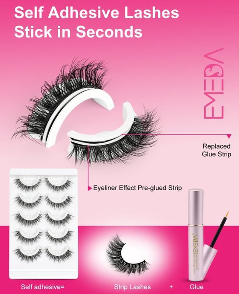 Self Adhesive Pre-glued Glueless Eyelashes - Natural Look No Glue Eyelashes 14mm Natural Cat Eye Pre-glued Waterproof Glueless No Glue Needed Reusable Stick on False Strip Lashes by EMEDA(T07)