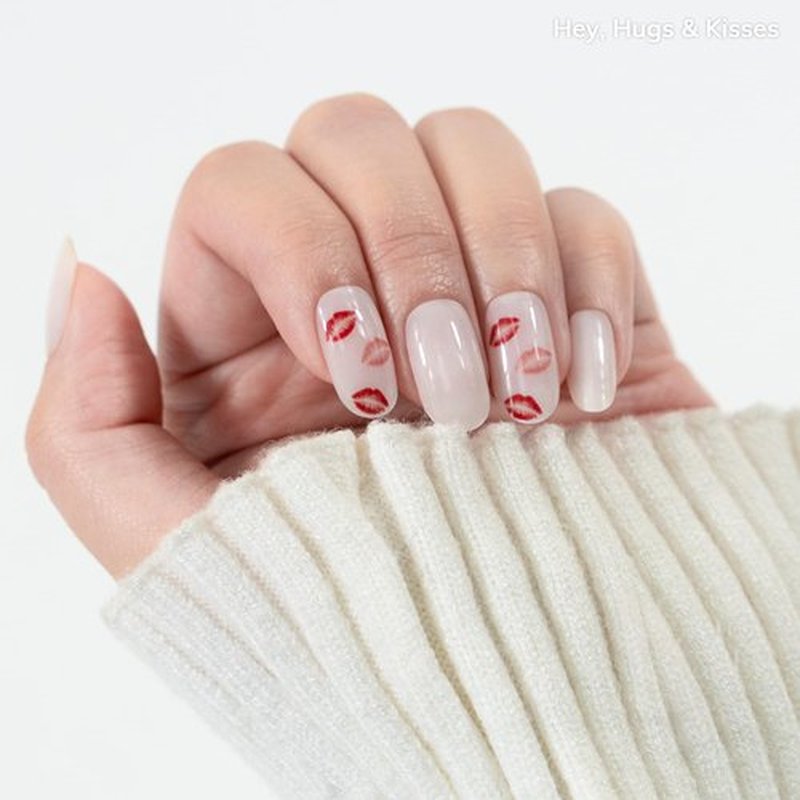 Heyhae Semi Cured Gel Nail Strips | No LED Lamp Needed | Spring, Valentines | Easy Apply & Remove, Salon Quality | Includes 28 Strips, 1 Prep Pads, Nail File & Wooden Stick - Hey, Hugs & Kisses