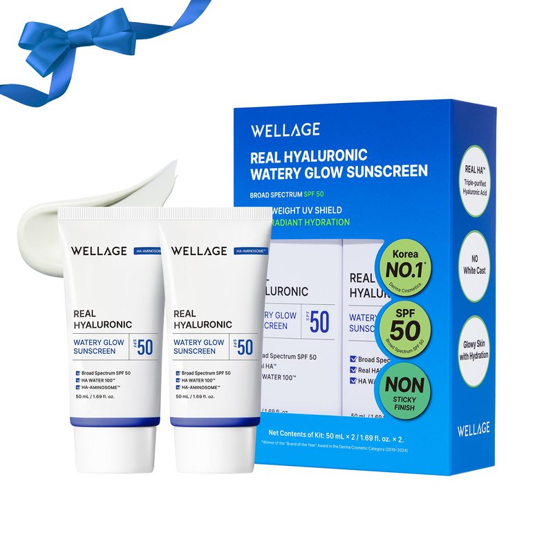 WELLAGE Real Hyaluronic Watery Glow Sunscreen Double Set SPF50 - Broad Spectrum UV Protection with 6 Types Hyaluronic Acid, No White Cast, K-Beauty Face Sunscreen, 1.69 fl.oz x 2 Pack