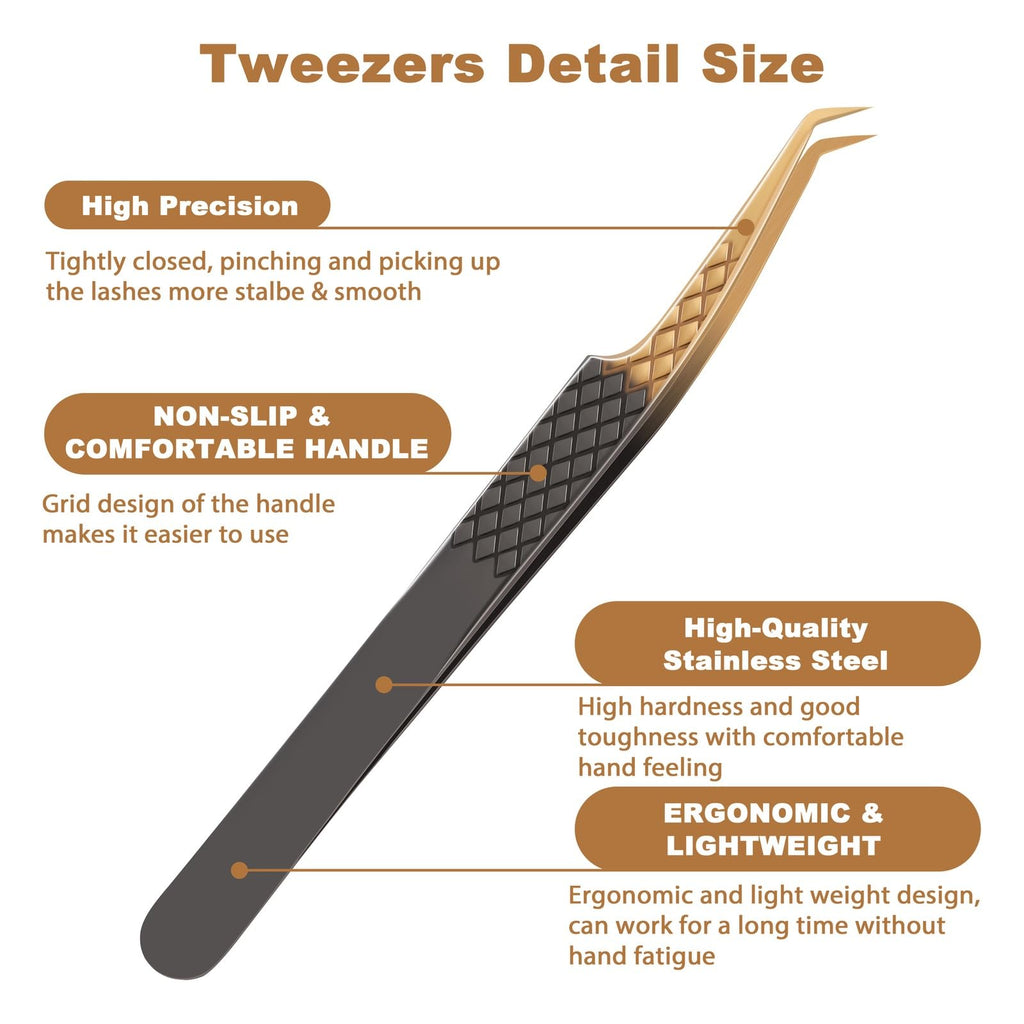 POCMKO Lash Tweezers for Eyelash Extension, Set of 4 Lash Extension Tweezers with Diamond Grip, High Precision Eyelash Tweezers Set for Volume & Classic Lashes