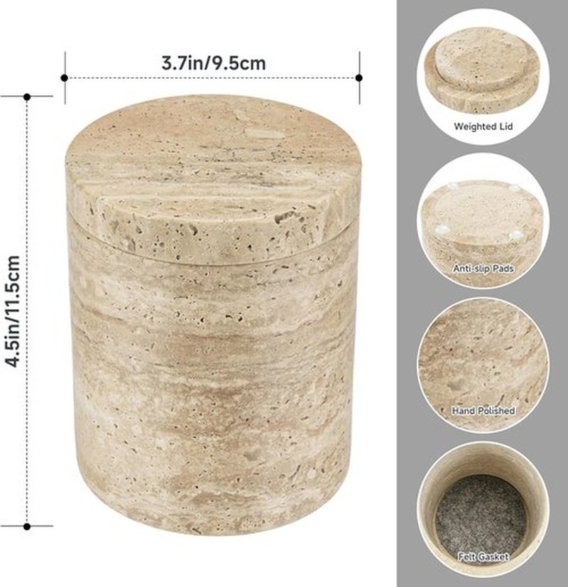 Natural Marble Canister - Elegant Cotton Swab Holder with Lid | Beige White Travertine Storage Solution
