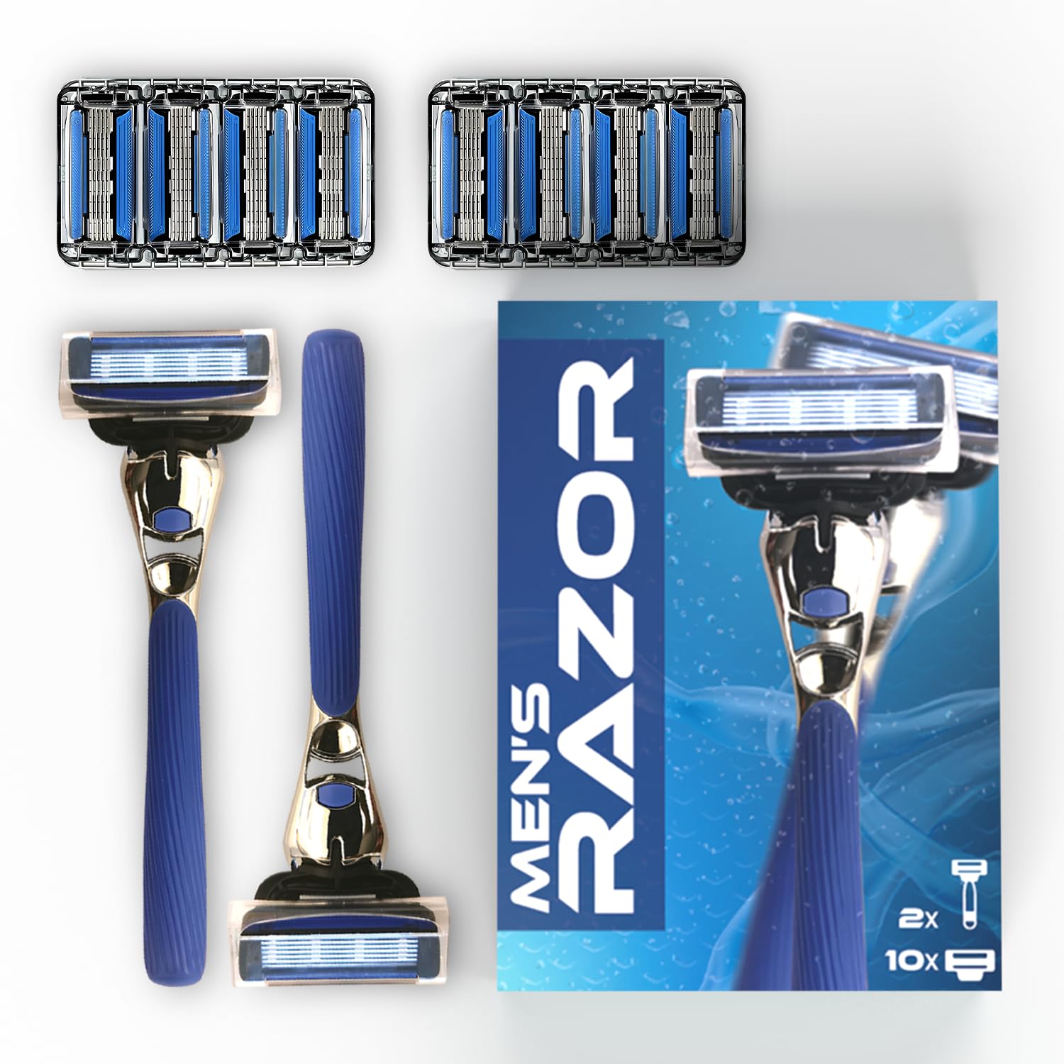 FOREVER GEM Men’s Razor with 2 Handles & 10 Refill Blades – 7 Blade for Smooth, Close Shave – Precision Trimmer – Refillable Razor for Men, All Skin Types