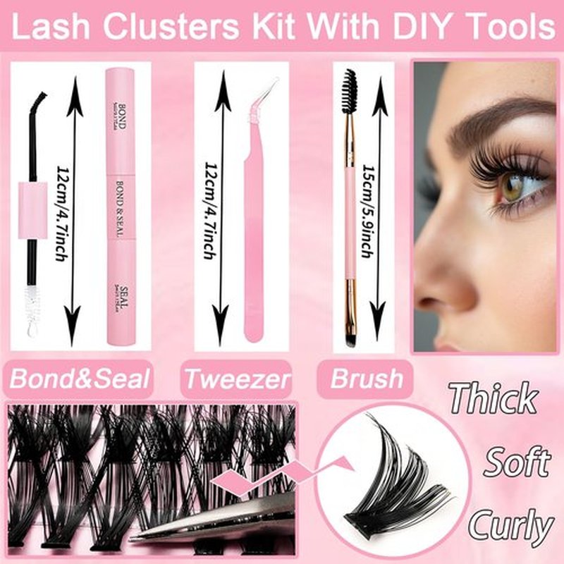 Lash Clusters Kit, 640 Pcs Eyelashes Clusters Extensions Kit 9-16mm Individual Lashes D Curl Fluffy Wispy False Eyelashes Thin Band with Bond Seal Tweezers Brush DIY (30D+40D+50D+60D Kit 9-16mm)