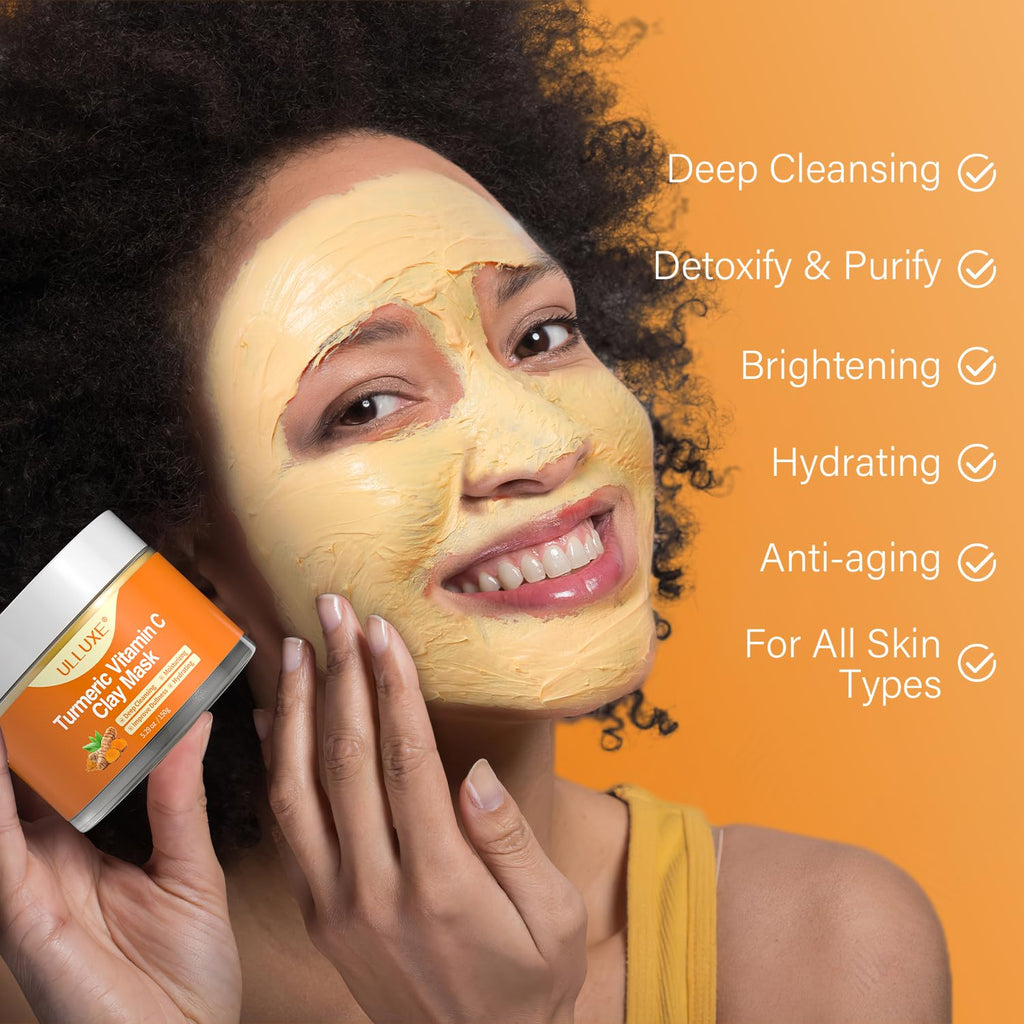 ulluxe Turmeric Vitamin C Clay Mask for Dark Spots, Dull Skin, Moisturizing, Skincare Facial Mask for Blackheads and Pores Cleansing, Improve Uneven Skin Tone, Face Skincare Gift, 5.29 oz