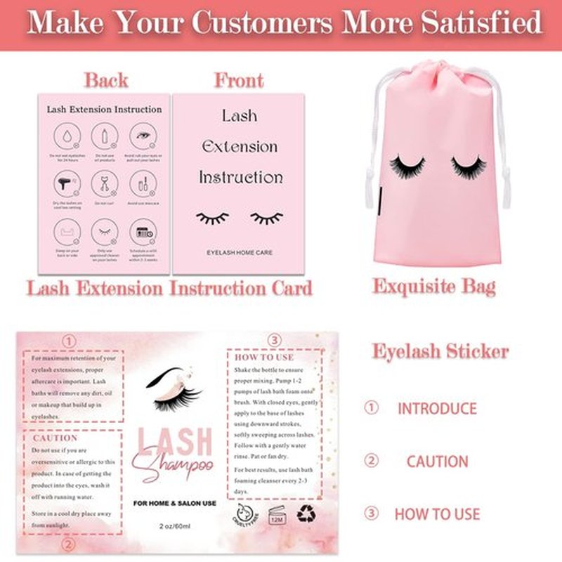 60PCS Lash Shampoo Bottles and Brushes Set, 10pcs Foam Pump Dispenser, Lash Cleaning Brush, Eyelash Extension Tube Brush, Instructions Cards, Bags, Lash Shampoo Stickers for Business Clients (B-pink)