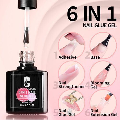Clara Colors 2PCS 15ml Gel Nail Glue, 6 in 1 Nail Glue Gel for Acrylic Nails, Press on Nails, Super Strong UV Gel Glue for Nail Extensions/Nail Glue/Base Gel/Bloom Gel/Adhesive Bond/Strengthen Gel