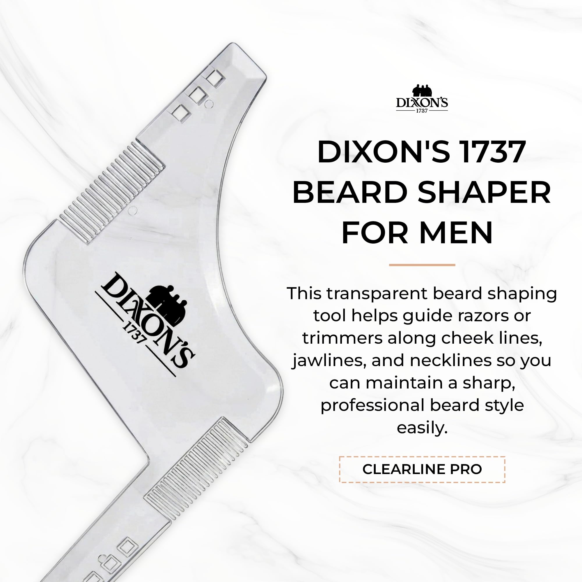 Dixon's 1737 Clear Line Pro Beard Shaper for Men – Transparent Beard Line Up Tool with Comb Edges, Beard Template for Cheek Line, Neckline and Jawline Trimming