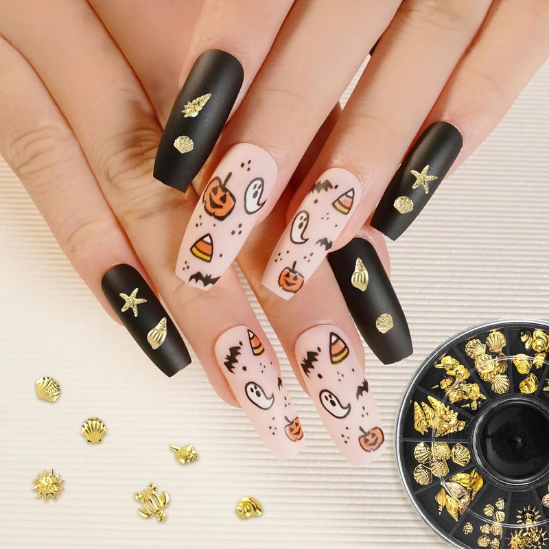 Winsyison 2 Disc Ocean Nail Art Charms, 3D Metal Nails Stickers, Beach Starfish Seashell Decals Manicure DIY Embellishments for Women- Gold