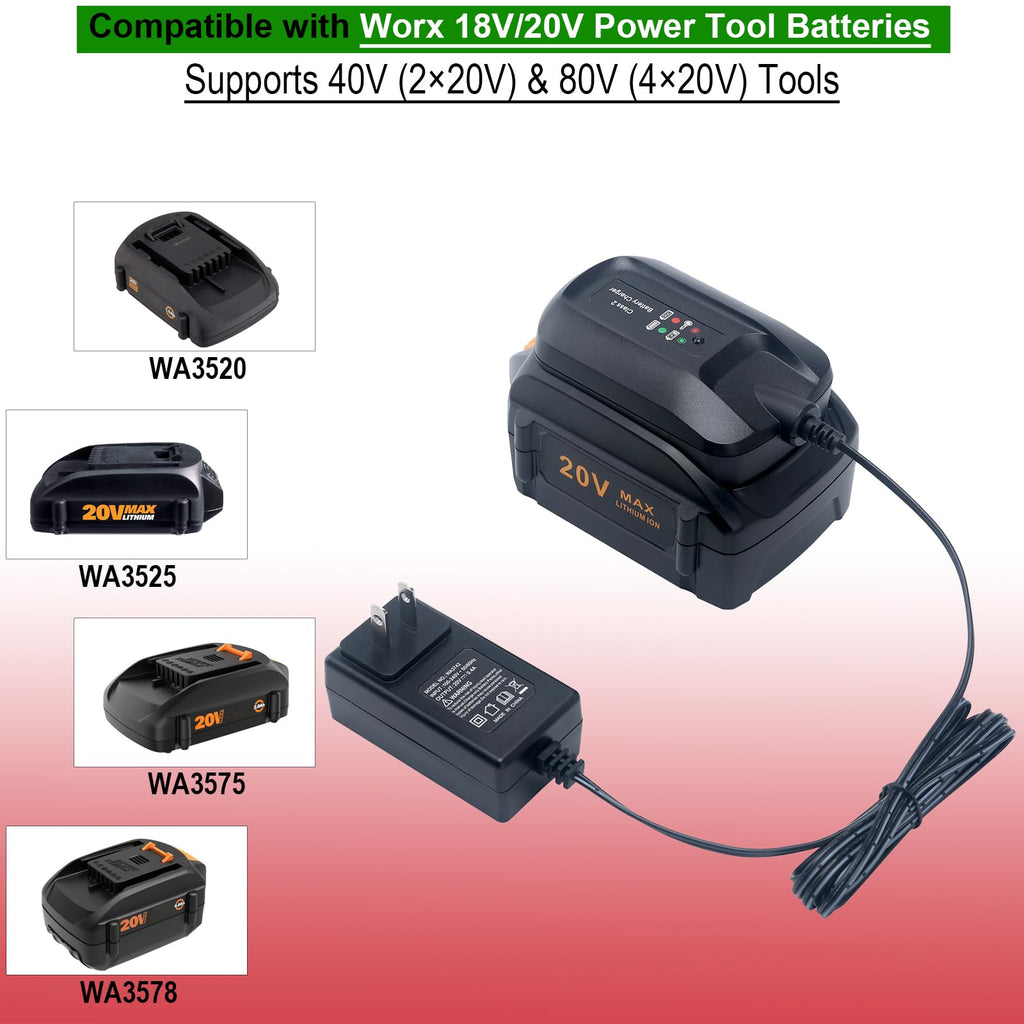 Compatible with Worx 20V Lithium Battery Charger, WA3742 Charger Compatible with Worx WA3525 WA3575 WA3520 WA3578 WA3016 WA3669 WA3671 WA3674 WA3675 WA3676 WA3678 20-Volt MAX Cordless Tools Battery
