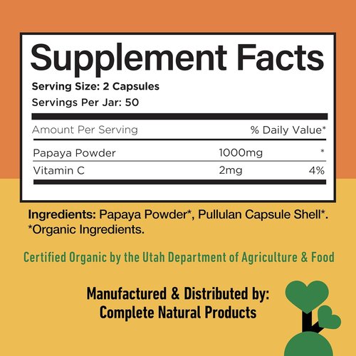 Papaya Enzyme Capsules 500mg - Organic Digestive Support with Papain | Vegan, Non-GMO, Fast Absorbing