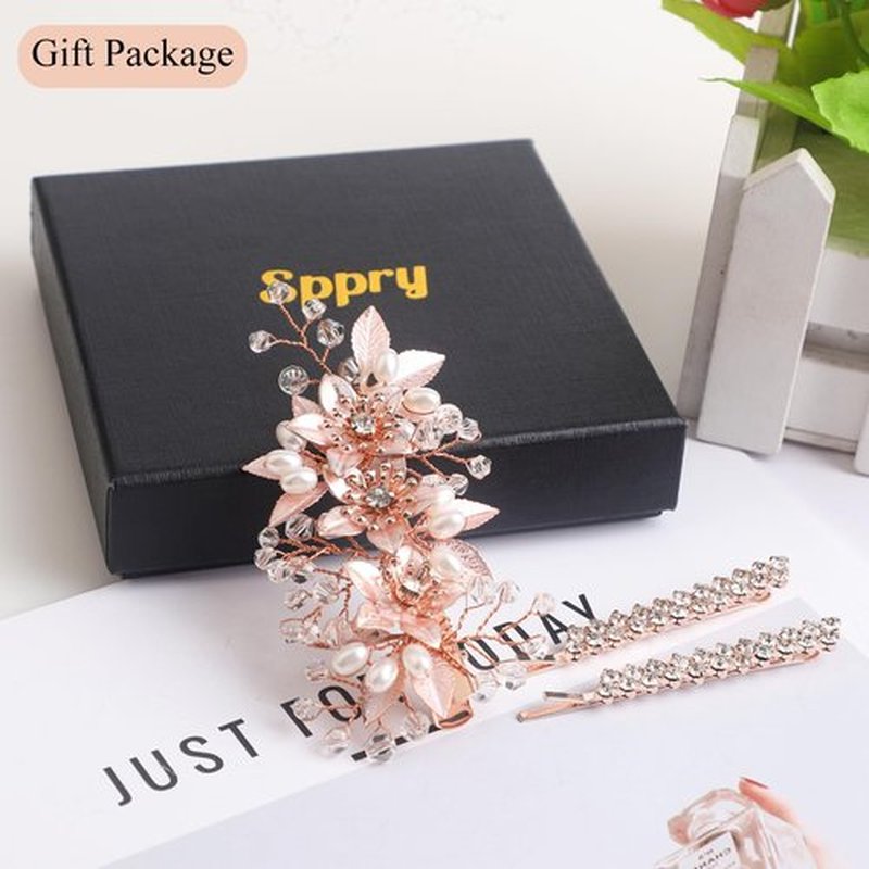 Sppry Floral Crystal Pearl Alligator Hair Clip and Rhinestone Bobby Pins, Elegant Hair Accessories for Bridal Women in Wedding or Prom, Set of 3 (Rose Gold)