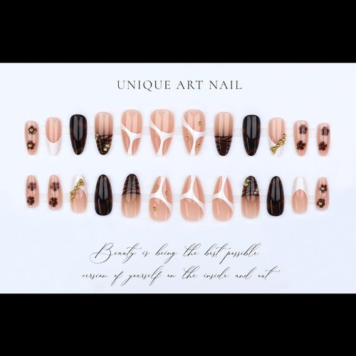 SEENEEY Almond Press on Nails Medium Fake Nails Brown Artificial Nail Gold Charm and Leopard Designs Stick on Nail for Women 24pcs