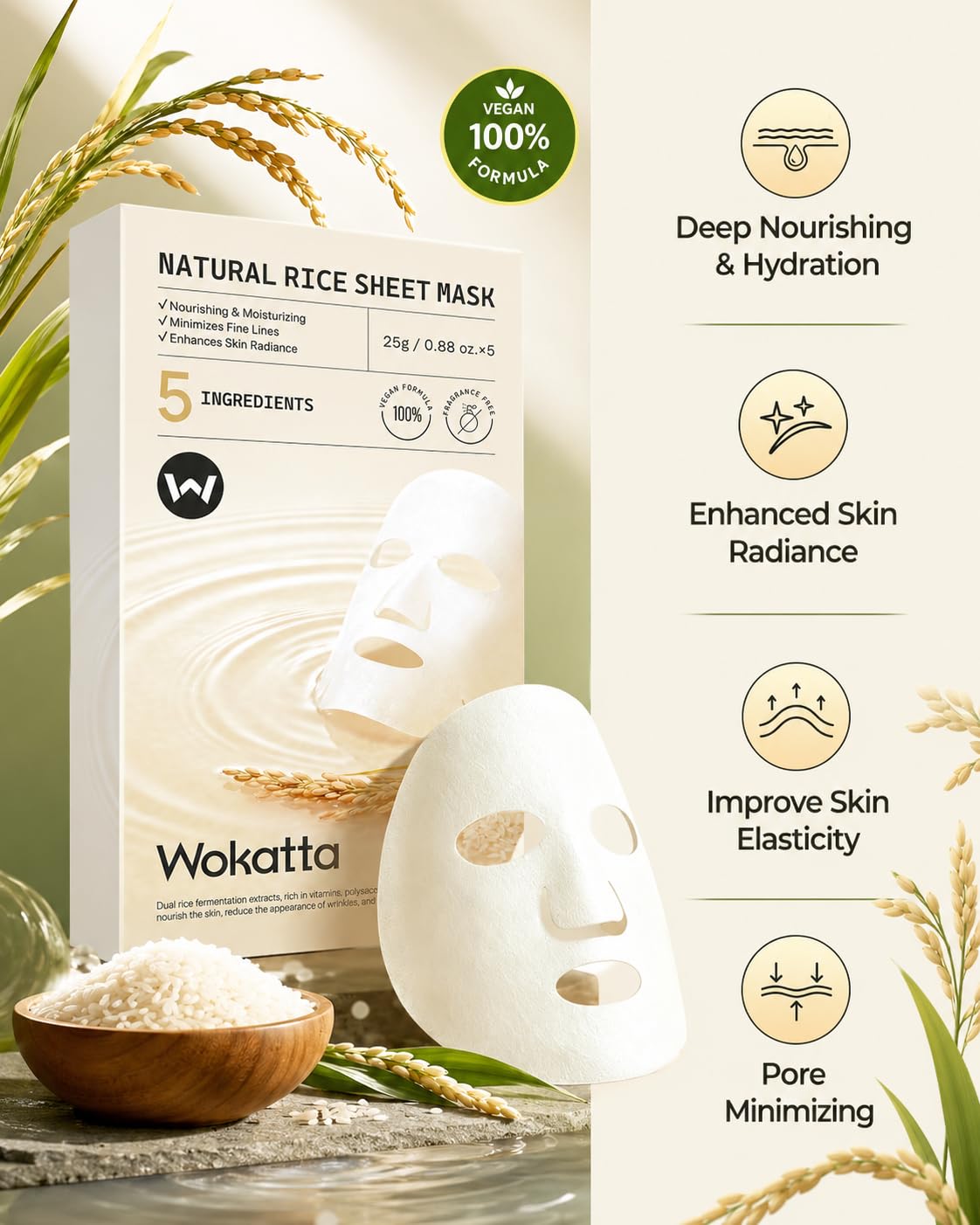 Wokatta Rice Face Mask Glass Skin, Fermented Rice Sheet Mask Pack of 5 for Radiant & Nourishing, Soothing, Smooth, Hydrating Face Masks for Dry Sensitive Skin, Gentle, Vegan Face Masks Skincare