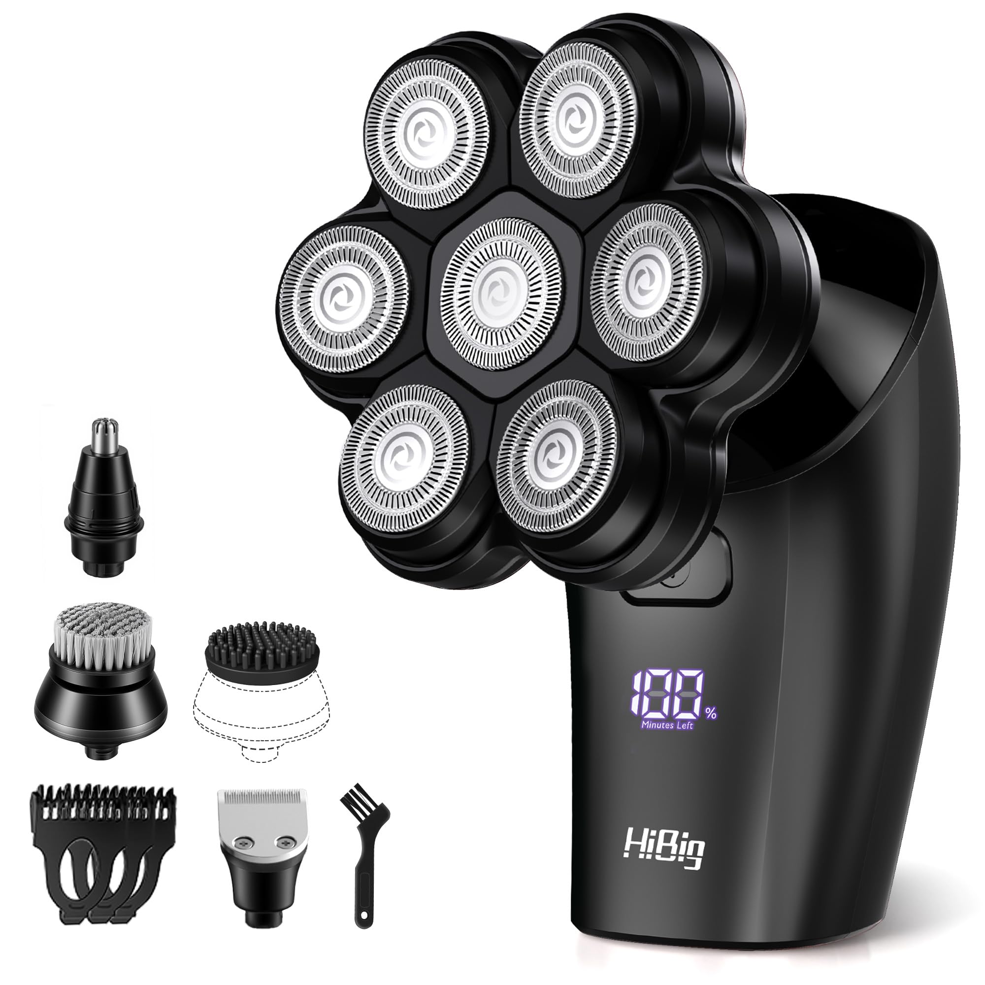 HiBig Head Shavers for Bald Men - 7D Arc Magnetic Detachable Electric Razor, Waterproof Wet Dry 5-in-1 Electric Shaving & Grooming Kit, LED Display Rechargeable Head & Body Hair Shaver, Black