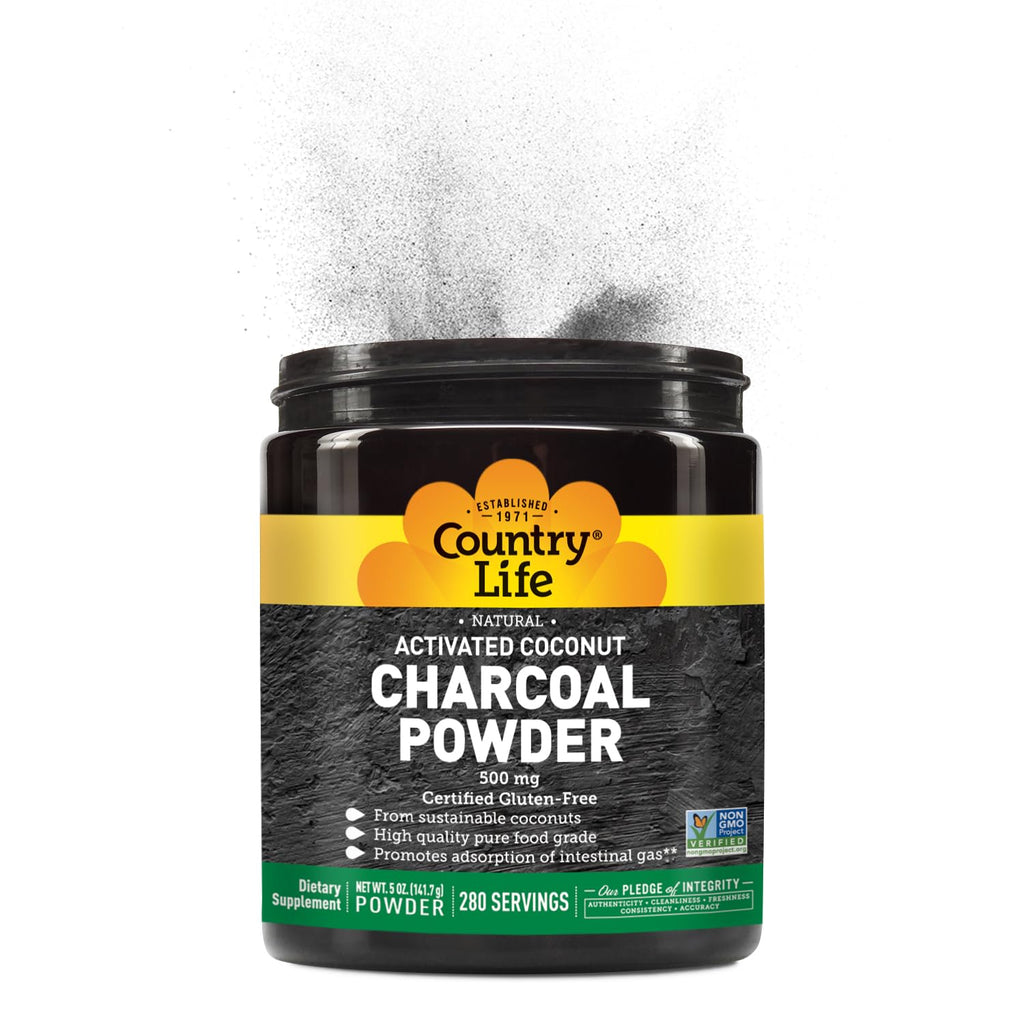 Country Life Activated Coconut Charcoal Powder 500mg – Natural Activated Charcoal for Digestive Health, Gas & Bloating Relief, DIY Uses - Non-GMO, Gluten-Free, Vegan, 5oz Powder