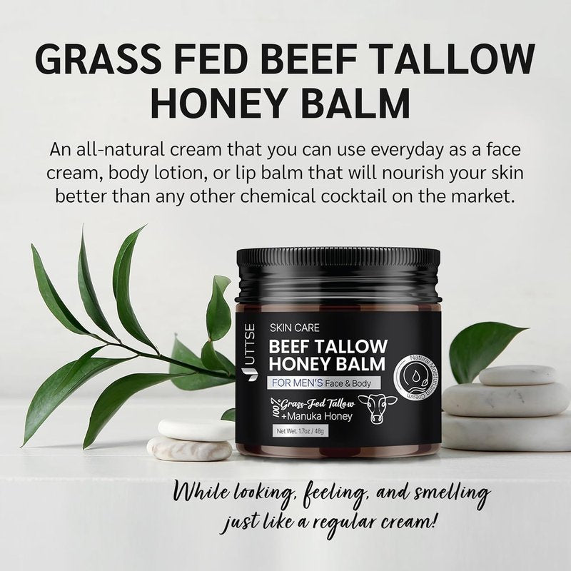 Uttse Men's Beef Tallow for Skin Care:100% Grass-Fed Beef Tallow Face Moisturizer For Men - Tallow and Honey Balm With Olive Oil Manuka Honey For Sensitive Dry Skin Repair 1.7 oz