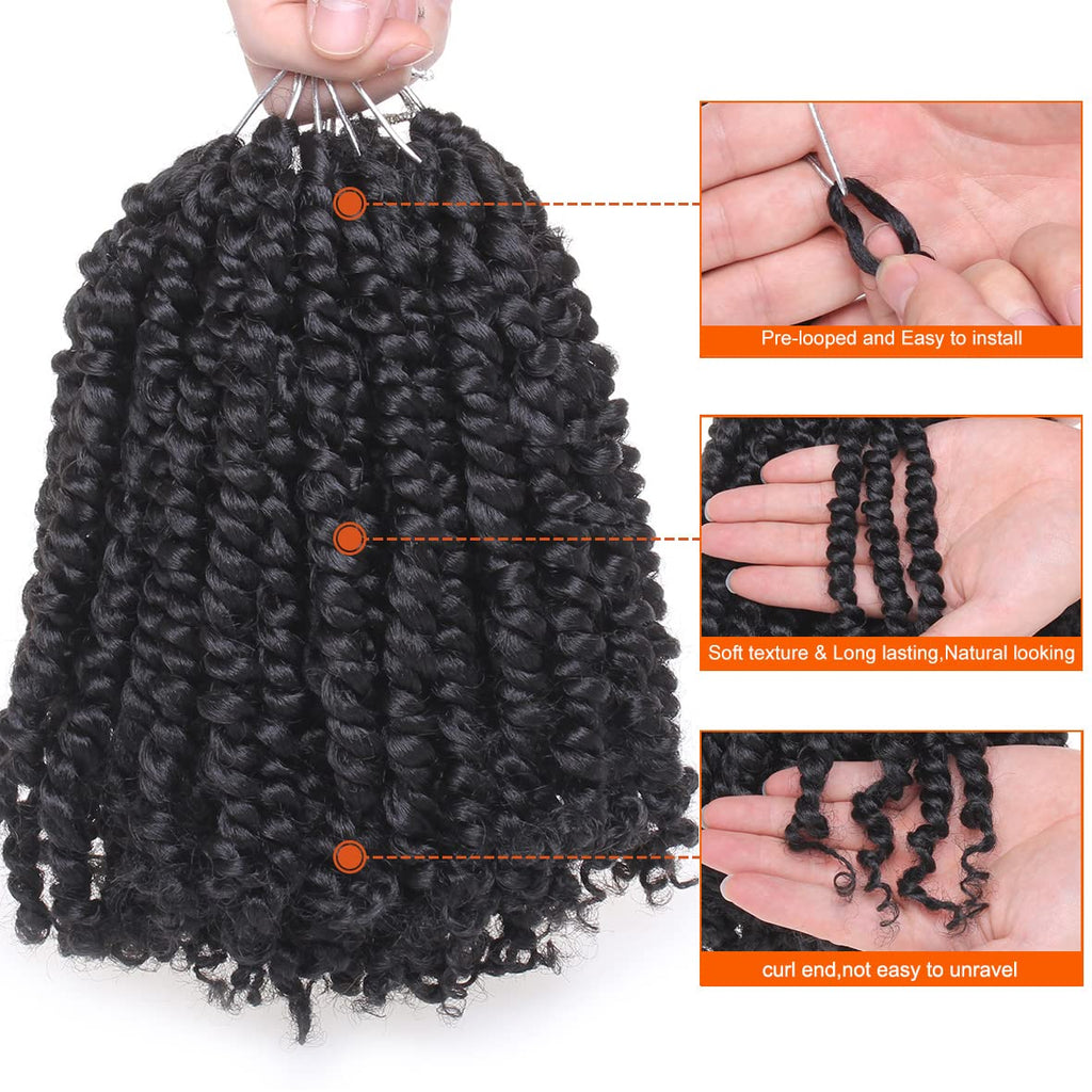 ZRQ Short 8 Packs Pre-twisted Bob Passion Twist Crochet Hair with Curly Ends 6 Inch Pre looped Black Passion Twists Hair 12 Roots/Pack Synthetic Bohemian Crochet Braids Hair for Black Women 1B#