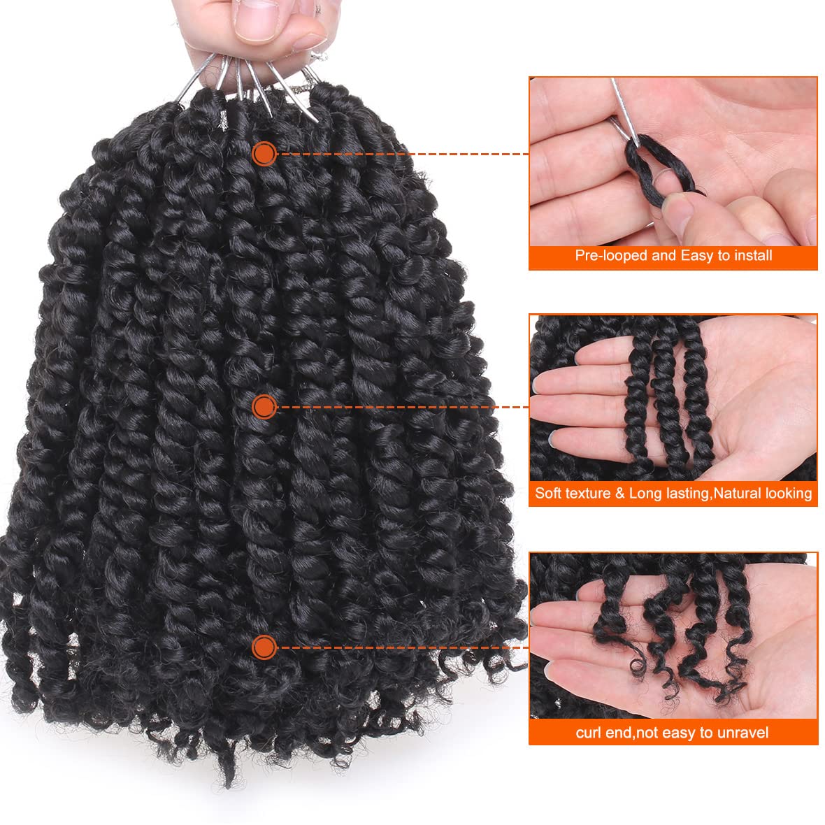 ZRQ Short 8 Packs Pre-twisted Bob Passion Twist Crochet Hair with Curly Ends 6 Inch Pre looped Black Passion Twists Hair 12 Roots/Pack Synthetic Bohemian Crochet Braids Hair for Black Women 1B#