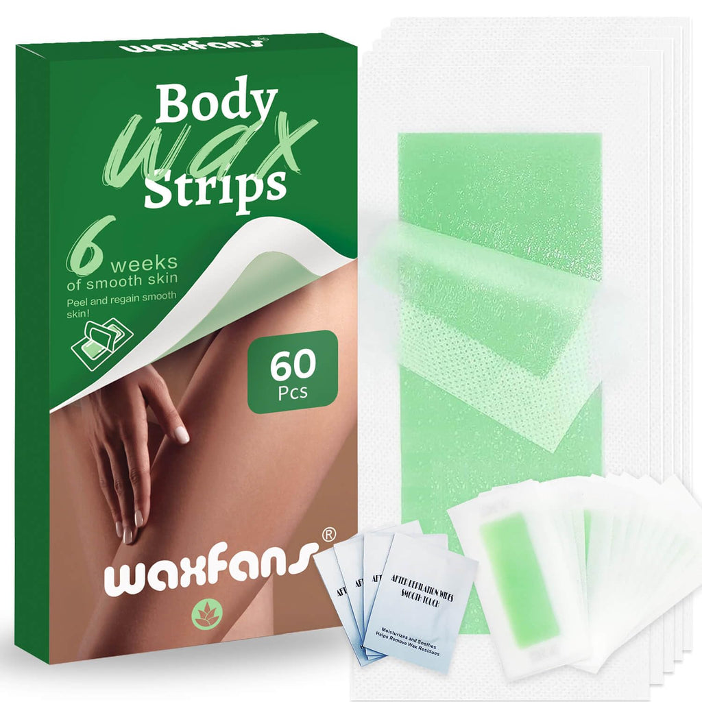 Waxfans 60 Counts Wax Strips for Hair Removal,40 Body Waxing Strips for Bikini,Legs & Underarms, 20 Face Wax Strips for Facial,lip,eyebrow,chin with 4 Calming Wipes, for Women & Men（Green）