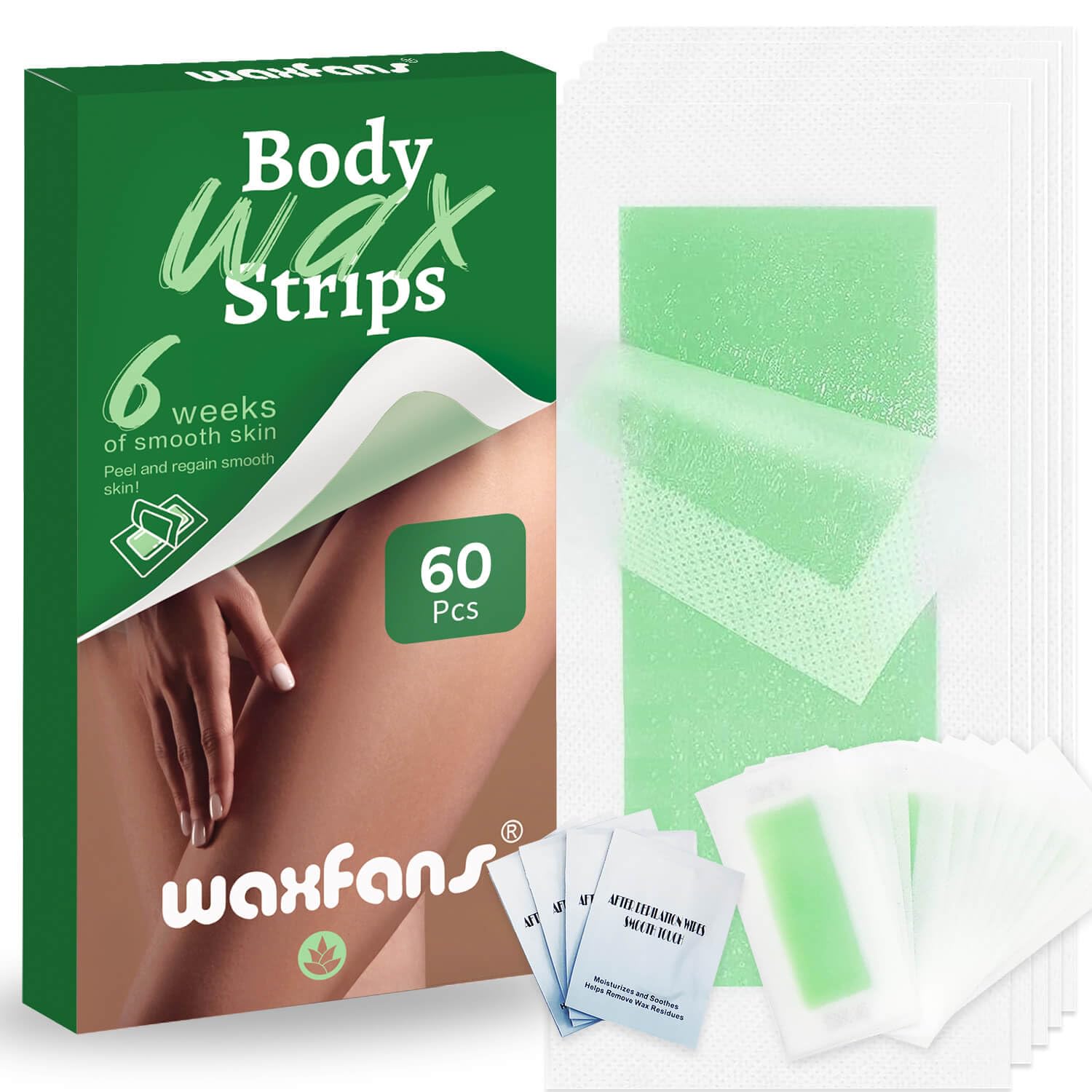 Waxfans 60 Counts Wax Strips for Hair Removal,40 Body Waxing Strips for Bikini,Legs & Underarms, 20 Face Wax Strips for Facial,lip,eyebrow,chin with 4 Calming Wipes, for Women & Men（Green）