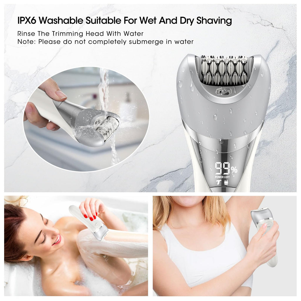 Qreeyx Epilator for Women, 7 in 1 Epilator Hair Removal for Women, Shaver, Bikini, Face Razor, Facial Brush, Face Massage and Body Exfoliator, IPX6 Waterproof Painless Lady Shaver Wet & Dry (White)