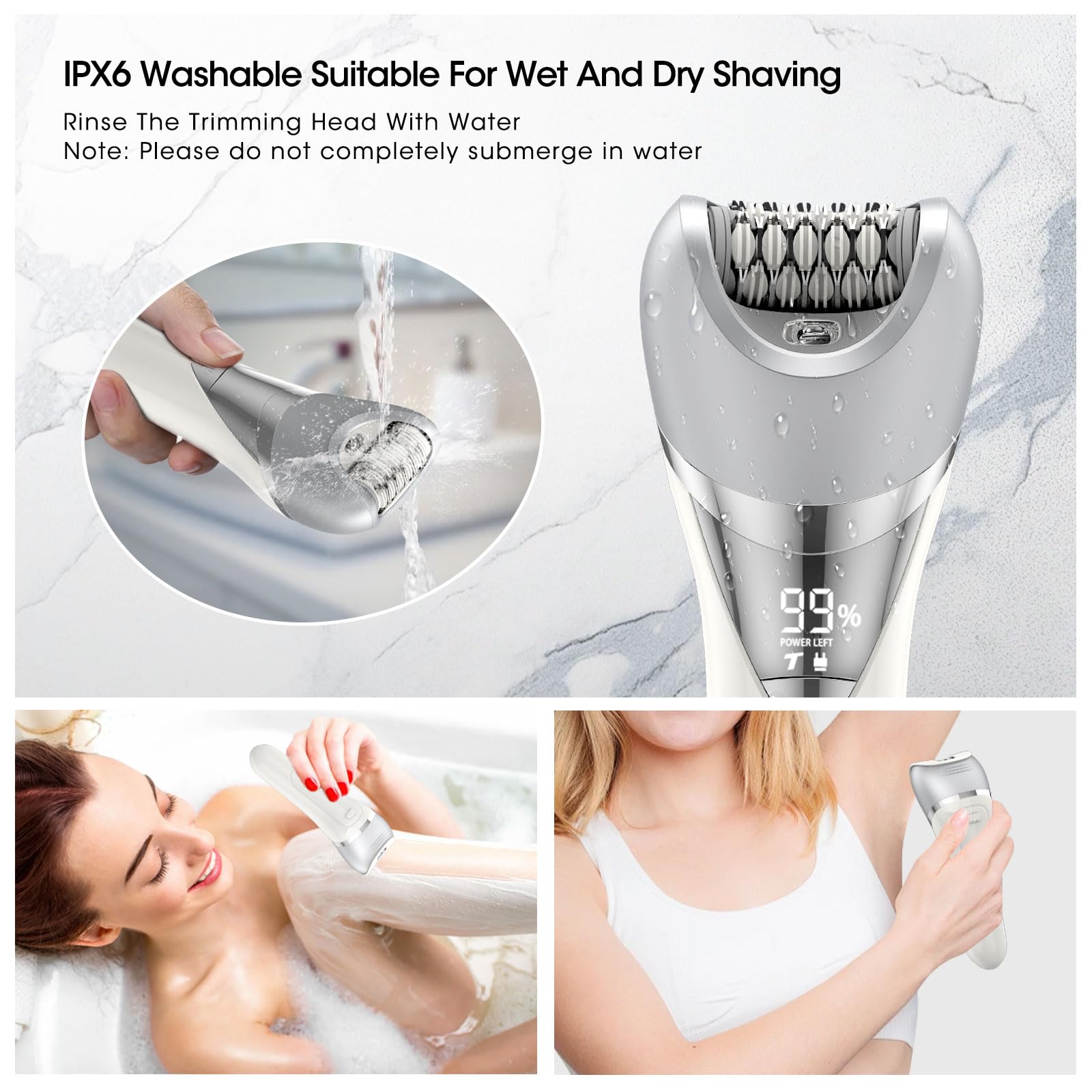 Qreeyx Epilator for Women, 7 in 1 Epilator Hair Removal for Women, Shaver, Bikini, Face Razor, Facial Brush, Face Massage and Body Exfoliator, IPX6 Waterproof Painless Lady Shaver Wet & Dry (White)