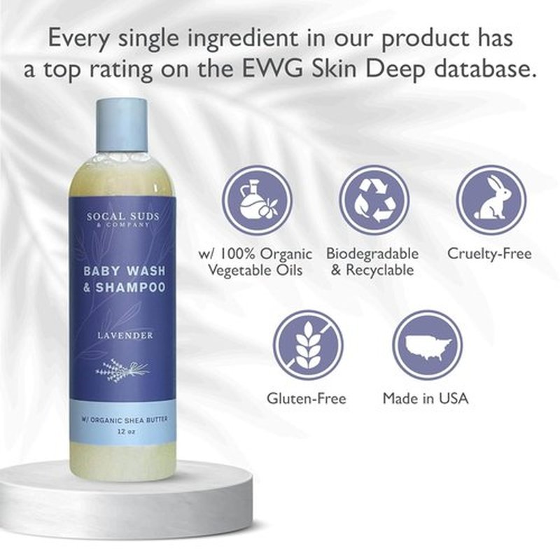SoCal Suds & Company Baby Body Wash & Shampoo - Gentle Shea Moisture Formula for Sensitive Skin | 12oz Lavender Bottle