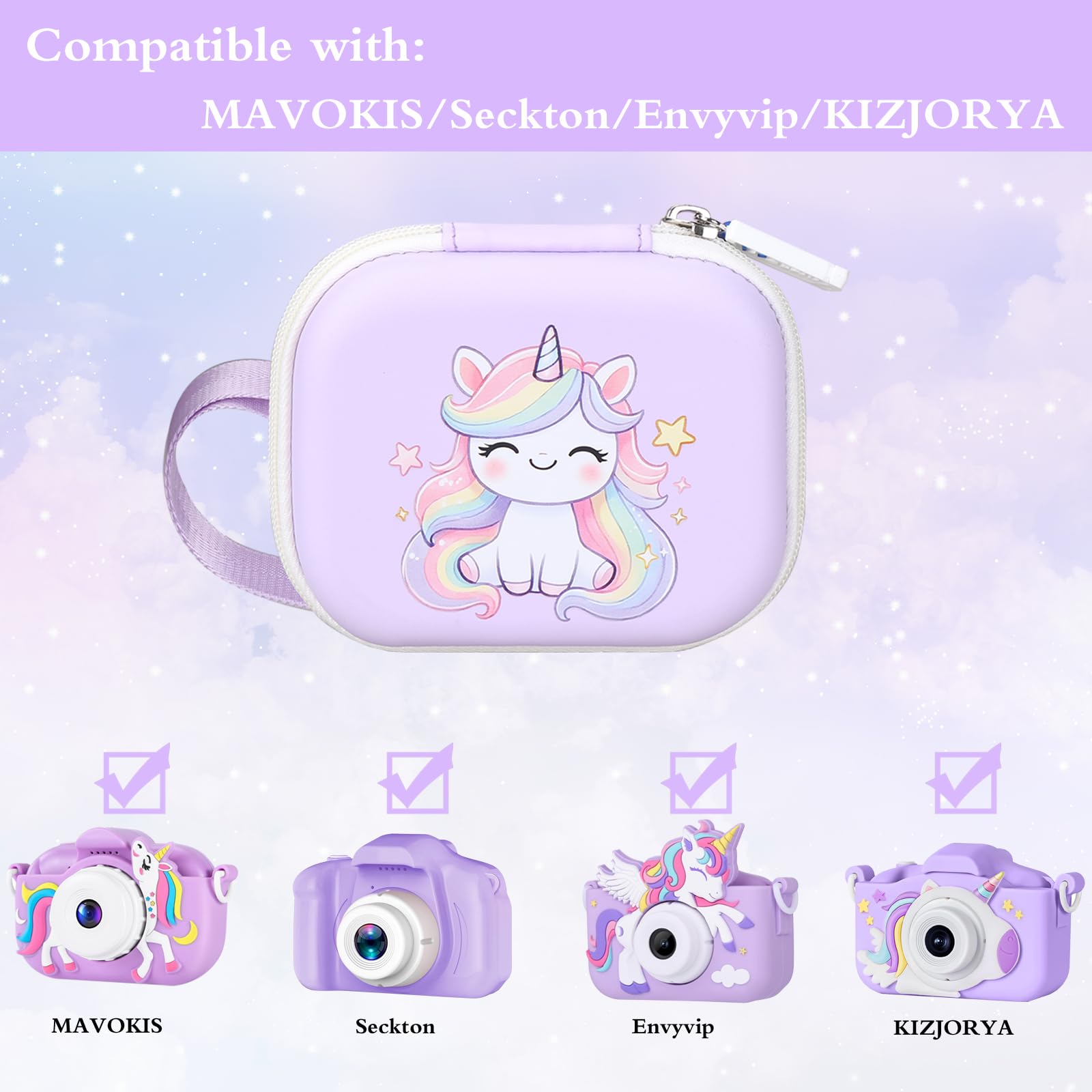 worfty Kids Camera Case Compatible with MAVOKIS/Envyvip/Seckton/KIZJORYA/Goopow Digital Video Camera Toys Camcorder Storage Holder Carrying - Purple Unicorn(Case Only)