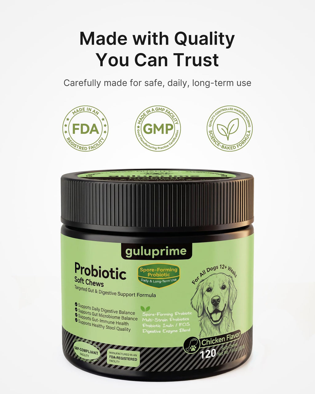 GuluPrime Probiotics for Dogs - Dog Probiotics Digestive Health Support, Dog Probiotic Chews with Spore-Forming Bacillus Coagulans, Prebiotic Inulin & Digestive Enzymes, Chicken Flavor, 120 Soft Chews
