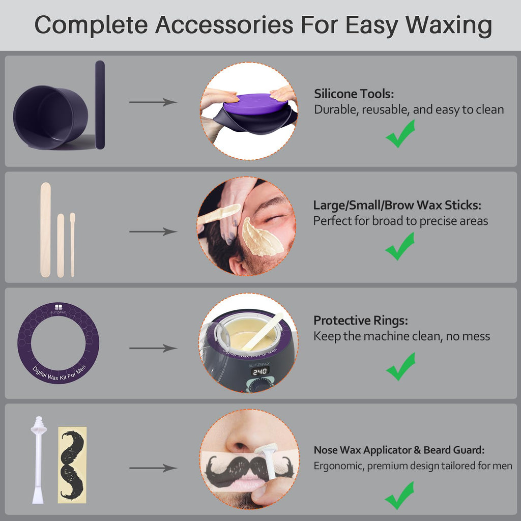 BLITZWAX Waxing Kit for Men, Back Nose Brazilian Hard Wax Warmer Home Use