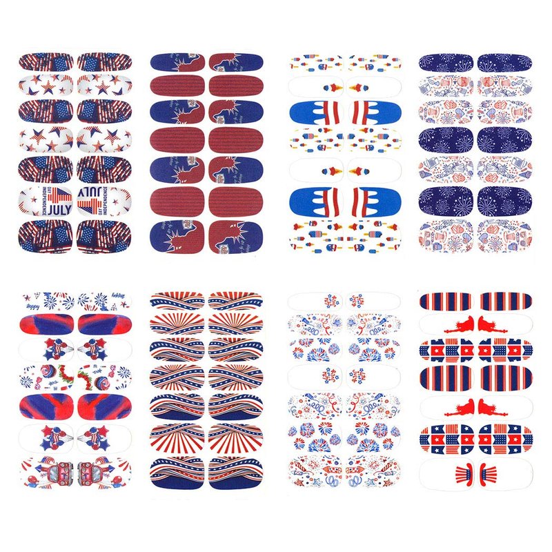 WOKOTO 16 Pcs Independence Day Nail Strips Polish Stickers Fourth of July Self Adhesive Nail Stickers Wraps for Nails Set with 1 Pc Nail File 14 Tips Per Sheet Manicure Strips