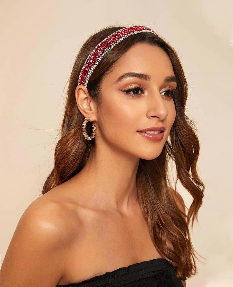Wecoe Red Rhinestone Wide Headband for Women Girls - Fancy Sparkly Bling Diamond Beaded Jeweled Fashion Hair Accessory - Non-Slip 1 Inch Wide - Gifts