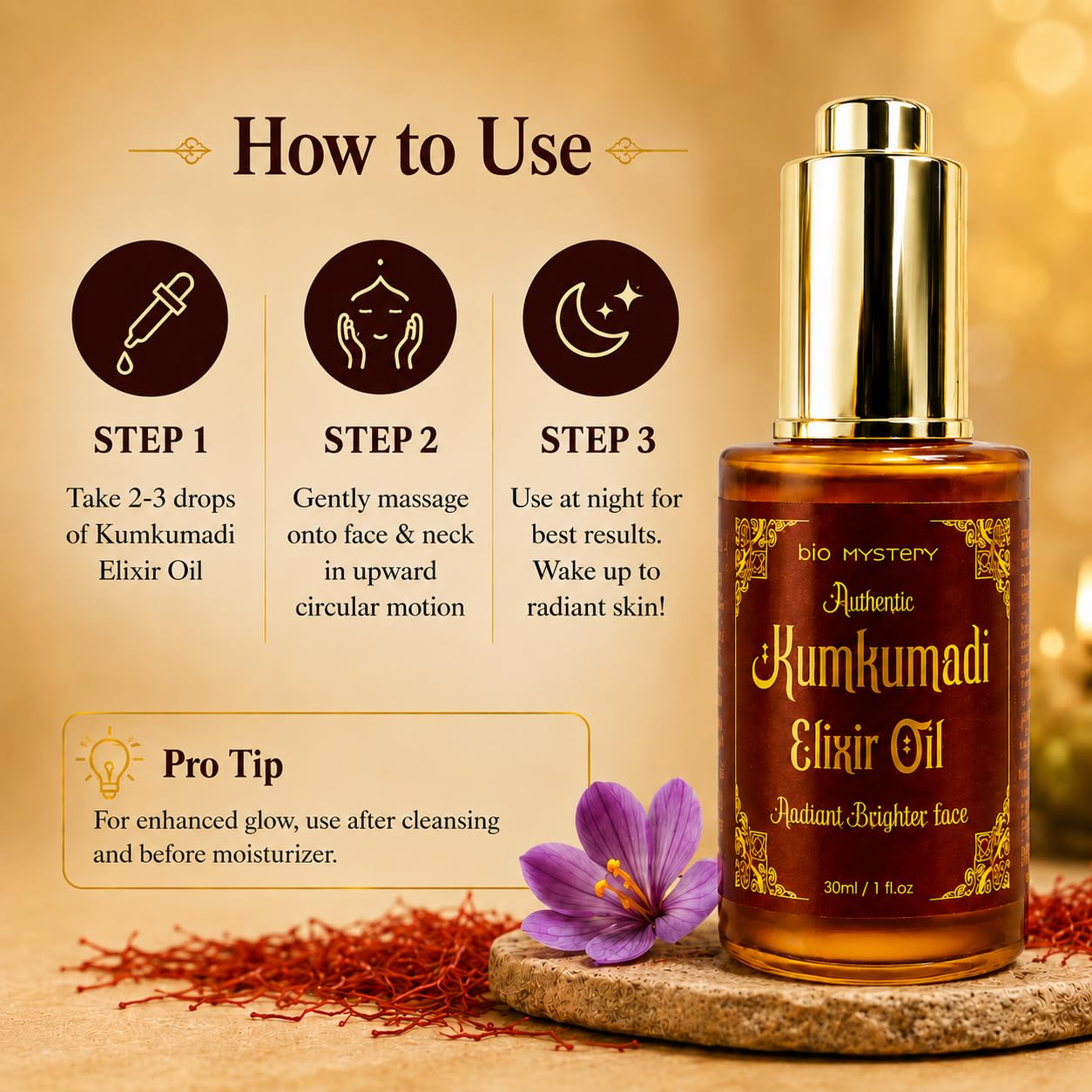 Bio Mystery Authentic Kumkumadi Elixir Oil, Rodiont Brighter Face Oil For Glowing Skin, Dark Spot Wrinkles and Pigmentation | Rich in Vitamin A & C | 30ml/1 floz