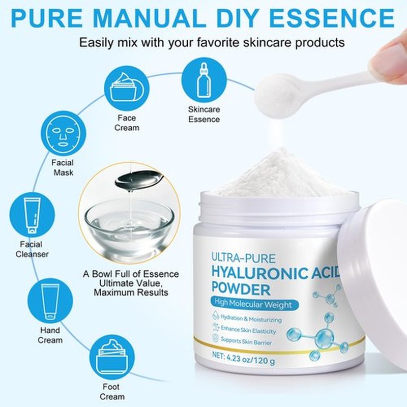 Hyaluronic Acid Powder, 120g Hyaluronic Acid Serum Powder for Face & Skin, Dual Molecular Weight Deep Hydration, Moisture Lock, Enhance Skin Elasticity & Barrier