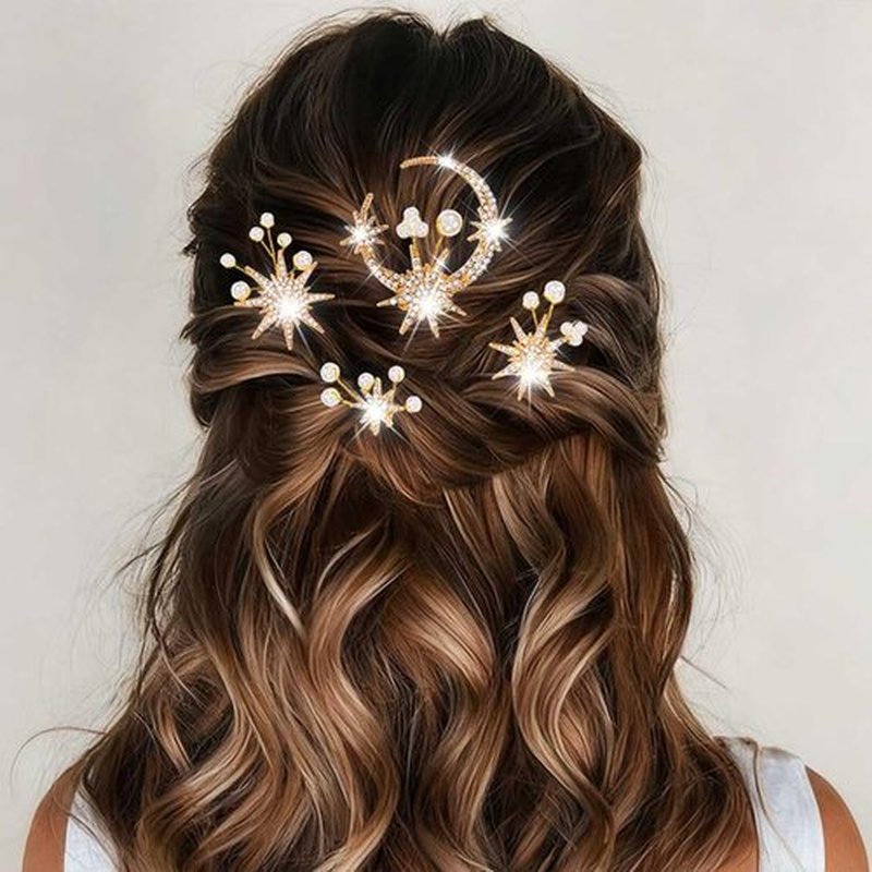 BARTOSI Moon Star Wedding Hair Clips Gold Rhinestone Hair Pins Bridal Hair Pieces Goddess Hair Accessories for Women and Girls (Pack of 4)