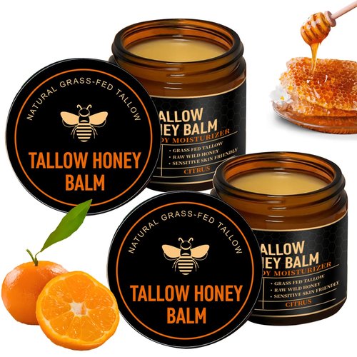SPVMGRK 2 Packs Beef Tallow for Skin, Tallow and Honey Balm for Face, Organic Grass-Fed Beef Tallow Balm with Raw Wild Honey, Body & Face Moisturizer, Natural Formula (Citrus)