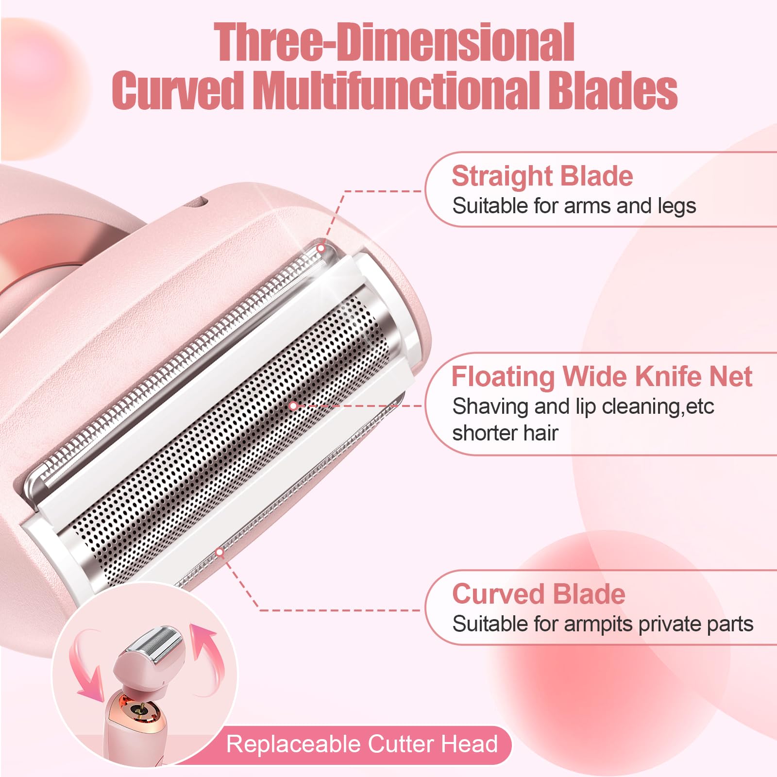 Electric Shaver for Women, Bikini Trimmer for Women, 2 in 1 Wet & Dry Painless Hair Removal with 2 Removable Heads for Bikini, Leg, Arm, Underarm, IPX7 Waterproof Rechargeable Design (Pink)