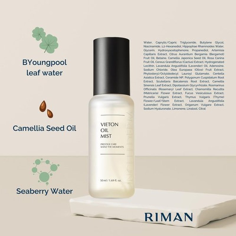INCELLDERM Riman Vieton Oil Mist | 50ml | Bi-Phasic Hydration with Camellia Seed Oil & Seaberry Water | Korean Skincare Mist for Moisture, Balance & Radiance | Natural Facial Spritz Moisturizer