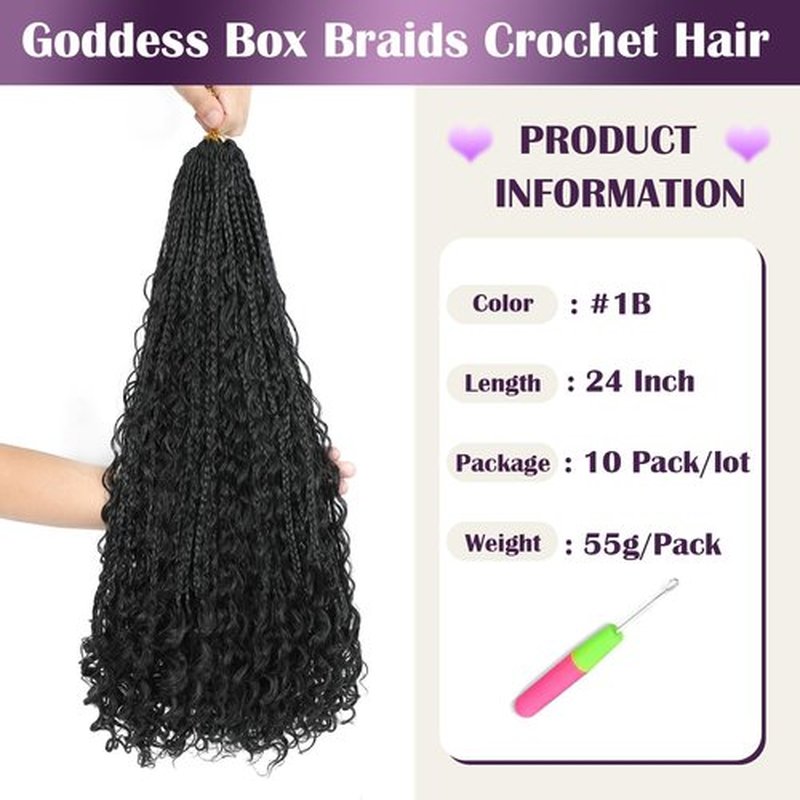 QQPIKHU 10 Packs Boho Crochet Braids Mix Protein Fiber 24 Inch Goddess Box Braids Crochet Hair Pre Looped Bohemian Box Braid with Curly Ends for Women Hair Extensions 1B