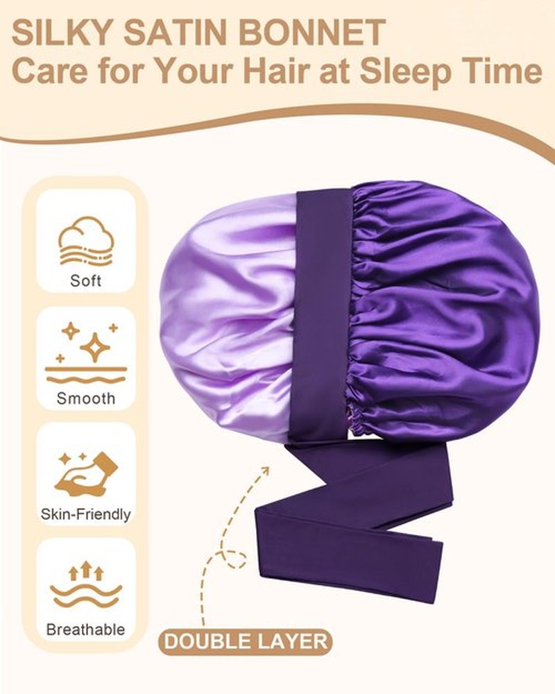 Satin Bonnet for Women Silk Bonnets for Sleeping Curly Hair Bonnet with Elastic Tie Band Reversible Double Layer Sleep Cap Hair Wrap (Purple)