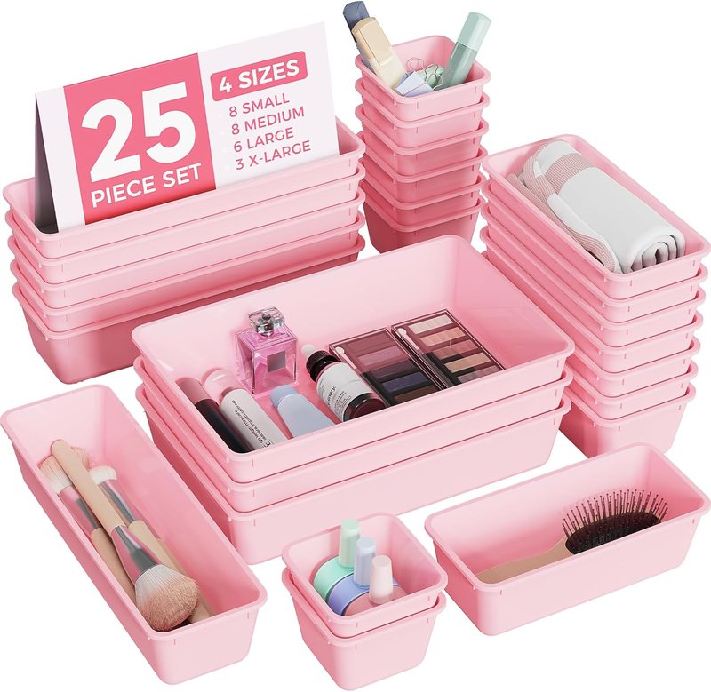 BiuLeon 25 PCS Plastic Drawer Organizers Set - Versatile Vanity & Makeup Storage | Pink, 4 Sizes