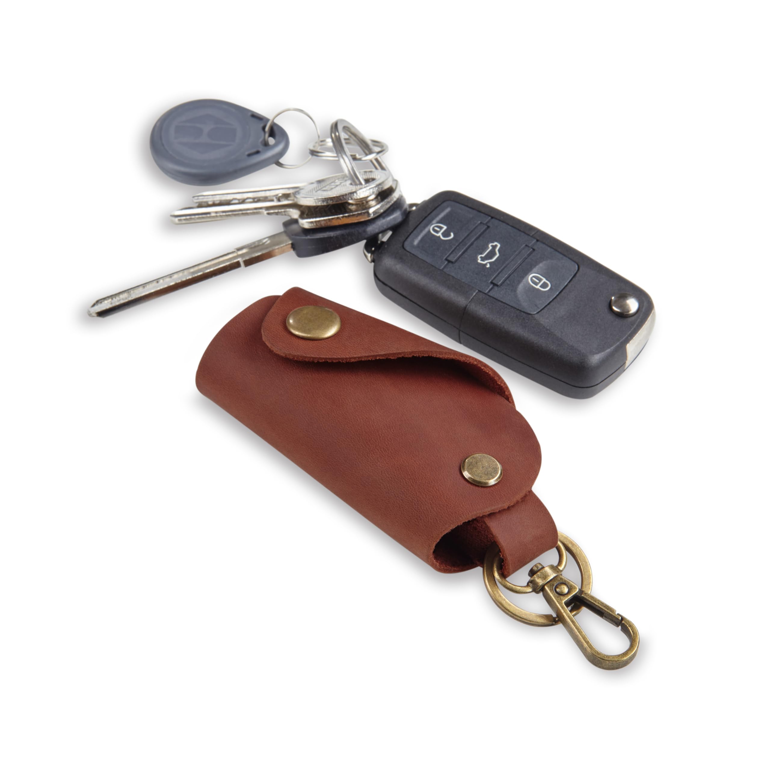MAKYN Leather Wrap Keychain, Key Holder Pouch Keychain, Car Key Holder, Motorcycle Key Holder Organizer, Key Holder with Keyring (Cognac)